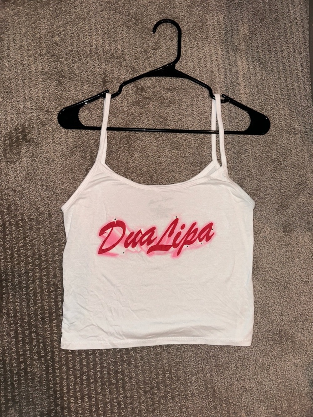 Authentic Dua Lipa Concert White Spaghetti Strap Tank with rhinestones
